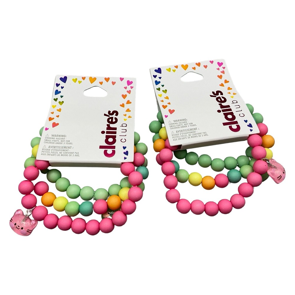 Lot of 2x Claire's Club Girls Matte Beaded Stretch Bracelets 3-Pack Cat Frog